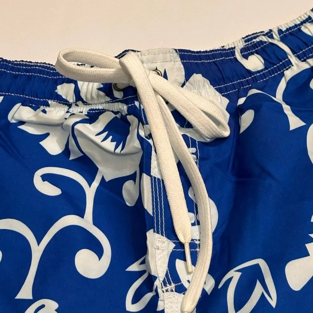 Chalaco Hibiscus Floral Swim Trunks Blue and White | Men Size Large